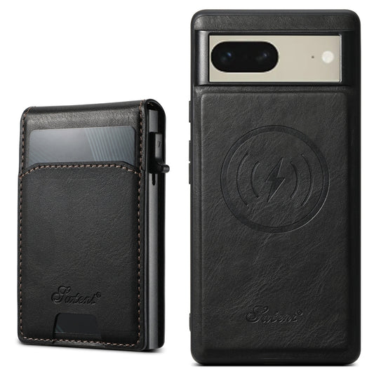 For Google Pixel 7 Suteni H19 Oil Wax 2-in-1 MagSafe Removable Card Box Back Phone Case(Black) - Google Cases by Suteni | Online Shopping UK | buy2fix