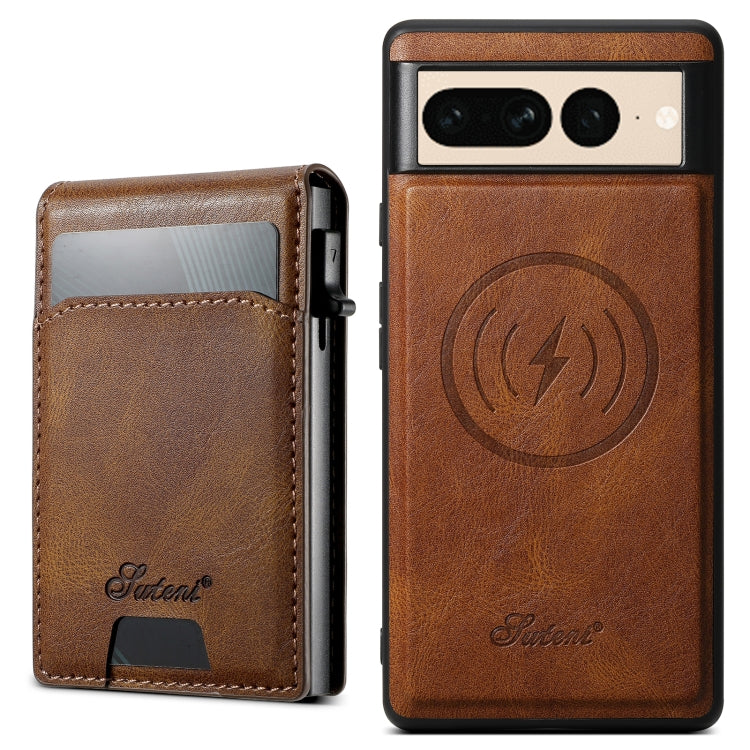 For Google Pixel 7 Pro Suteni H19 Oil Wax 2-in-1 MagSafe Removable Card Box Back Phone Case(Brown) - Google Cases by Suteni | Online Shopping UK | buy2fix