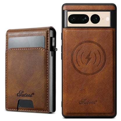 For Google Pixel 7 Pro Suteni H19 Oil Wax 2-in-1 MagSafe Removable Card Box Back Phone Case(Brown) - Google Cases by Suteni | Online Shopping UK | buy2fix