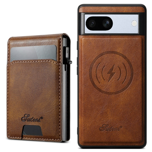 For Google Pixel 7a Suteni H19 Oil Wax 2-in-1 MagSafe Removable Card Box Back Phone Case(Brown) - Google Cases by Suteni | Online Shopping UK | buy2fix
