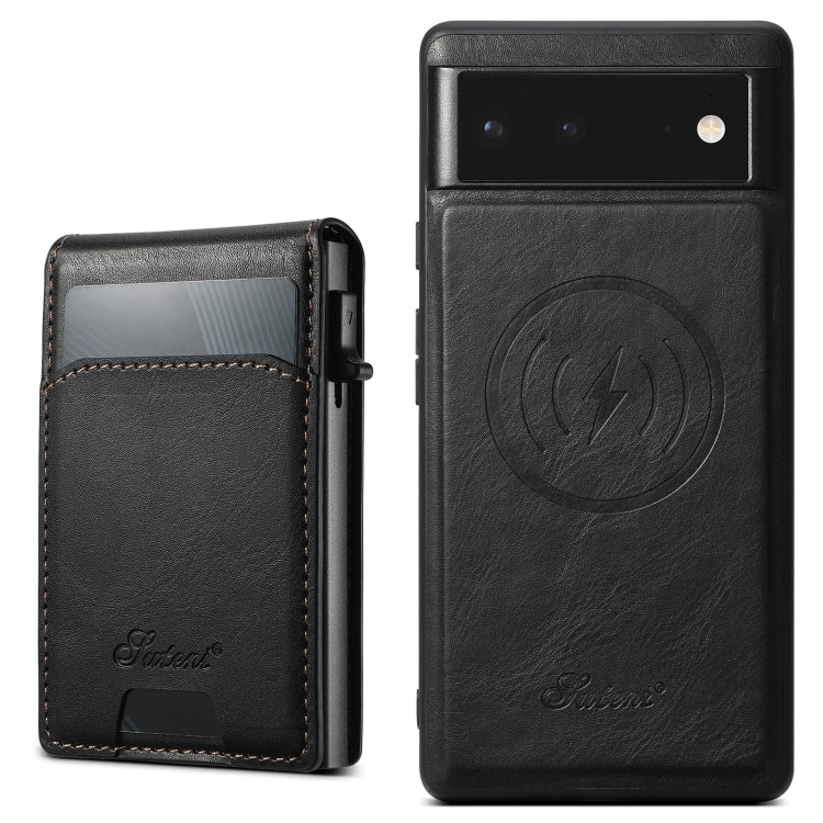 For Google Pixel 6 Suteni H19 Oil Wax 2-in-1 MagSafe Removable Card Box Back Phone Case(Black) - Google Cases by Suteni | Online Shopping UK | buy2fix
