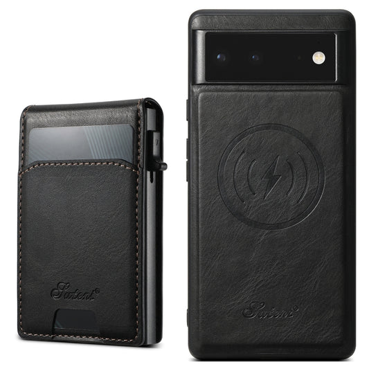 For Google Pixel 6 Suteni H19 Oil Wax 2-in-1 MagSafe Removable Card Box Back Phone Case(Black) - Google Cases by Suteni | Online Shopping UK | buy2fix