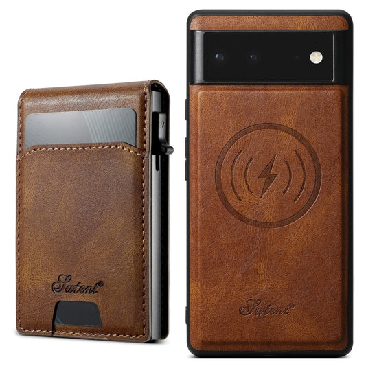 For Google Pixel 6 Suteni H19 Oil Wax 2-in-1 MagSafe Removable Card Box Back Phone Case(Brown) - Google Cases by Suteni | Online Shopping UK | buy2fix