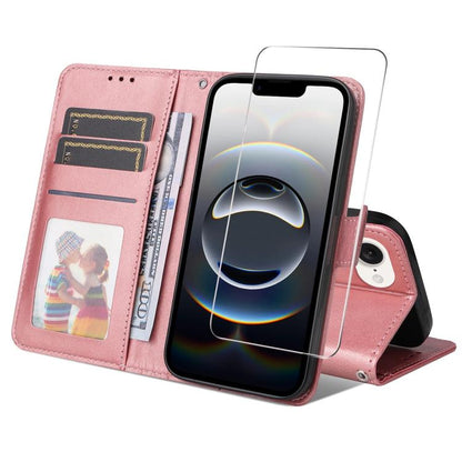 For iPhone 16e ENKAY Card Wallet Calf Texture Leather Phone Case with Screen Film(Pink) - iPhone 16e Cases by ENKAY | Online Shopping UK | buy2fix