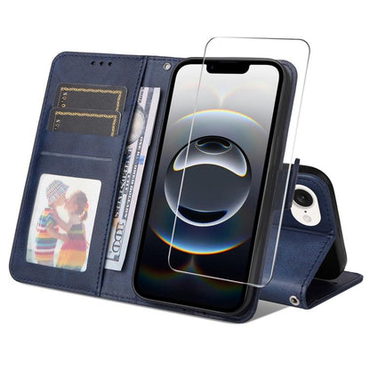 For iPhone 16e ENKAY Card Wallet Calf Texture Leather Phone Case with Screen Film(Blue) - iPhone 16e Cases by ENKAY | Online Shopping UK | buy2fix