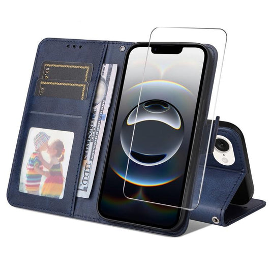 For iPhone 16e ENKAY Card Wallet Calf Texture Leather Phone Case with Screen Film(Blue) - iPhone 16e Cases by ENKAY | Online Shopping UK | buy2fix