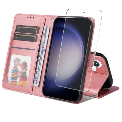 For Samsung Galaxy S25 5G ENKAY Card Wallet Calf Texture Leather Phone Case with Screen Film(Pink) by ENKAY