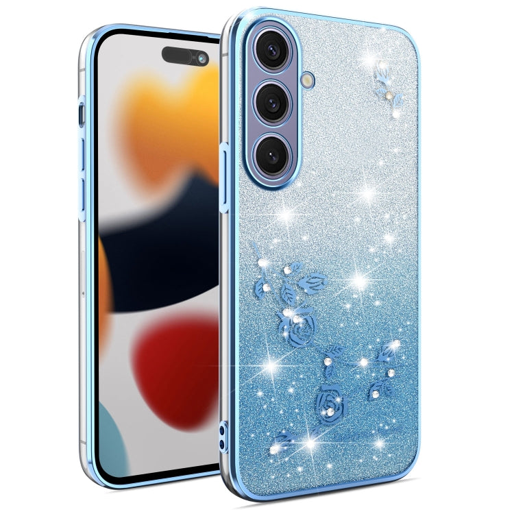 For Samsung Galaxy S25+ 5G Gradient Glitter Flower All-inclusive Phone Case(Blue) by buy2fix