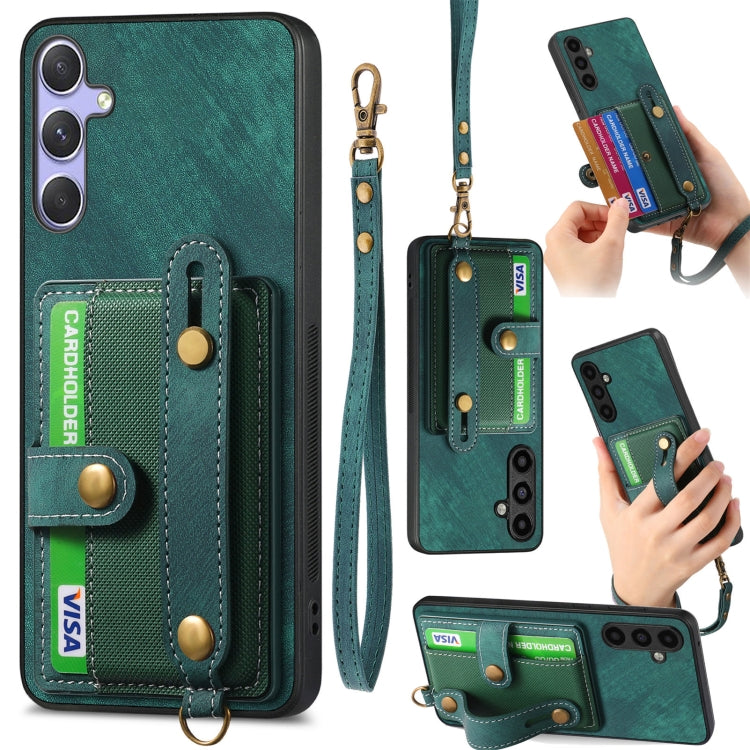 For Samsung Galaxy S25 5G Retro Cross Wristband Wallet Leather Back Phone Case(Green) - Galaxy S25 5G Cases by buy2fix | Online Shopping UK | buy2fix