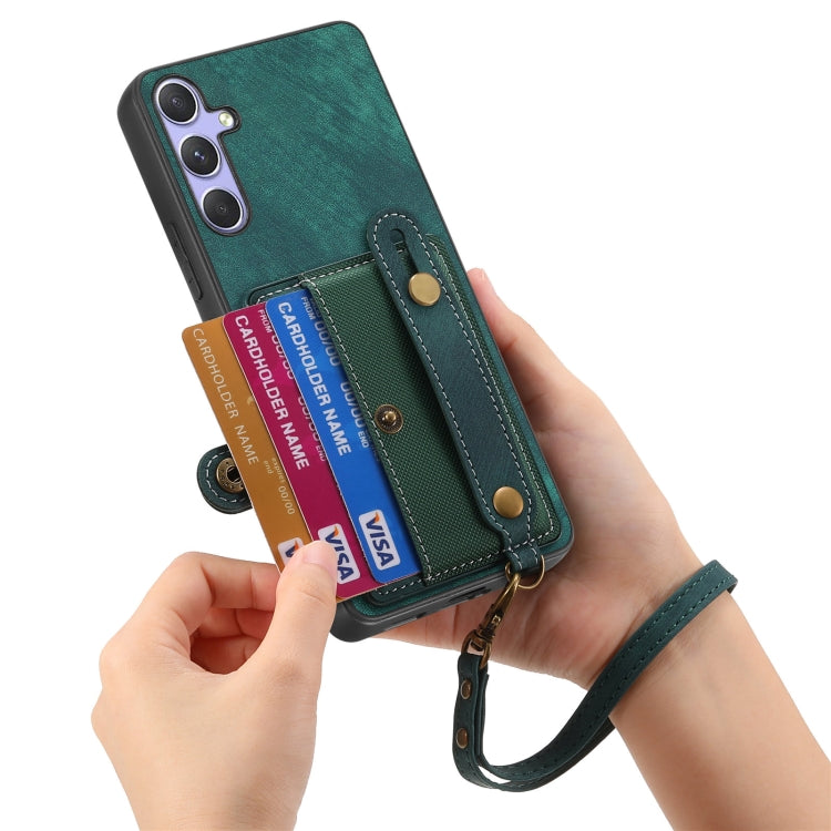 For Samsung Galaxy S25+ 5G Retro Cross Wristband Wallet Leather Back Phone Case(Green) - Galaxy S25+ 5G Cases by buy2fix | Online Shopping UK | buy2fix