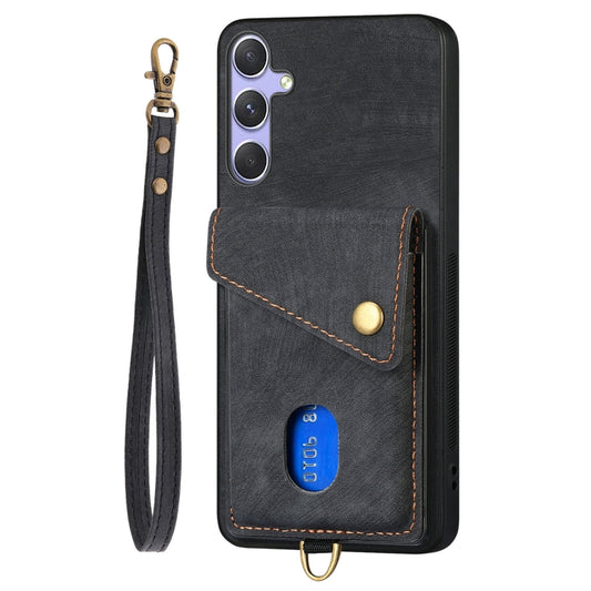 For Samsung Galaxy S25 5G Retro Card Wallet Fold Leather Phone Case with Strap(Black) by buy2fix
