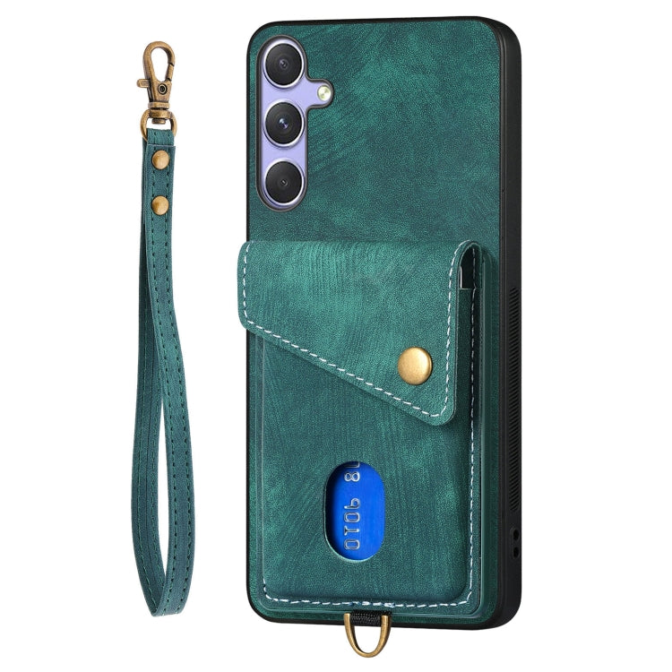 For Samsung Galaxy S25+ 5G Retro Card Wallet Fold Leather Phone Case with Strap(Green) - Galaxy S25+ 5G Cases by buy2fix | Online Shopping UK | buy2fix