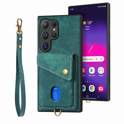 For Samsung Galaxy S25 Ultra 5G Retro Card Wallet Fold Leather Phone Case with Strap(Green) - Galaxy S25 Ultra 5G Cases by buy2fix | Online Shopping UK | buy2fix