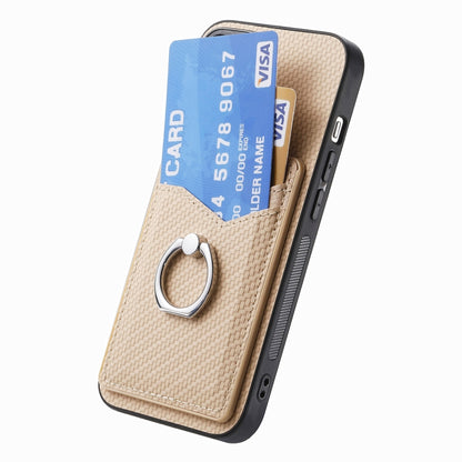 For Samsung Galaxy S25 5G Carbon Fiber Card Wallet Ring Phone Case(Khaki) by buy2fix