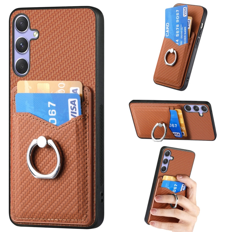 For Samsung Galaxy S25 Ultra 5G Carbon Fiber Card Wallet Ring Phone Case(Brown) by buy2fix