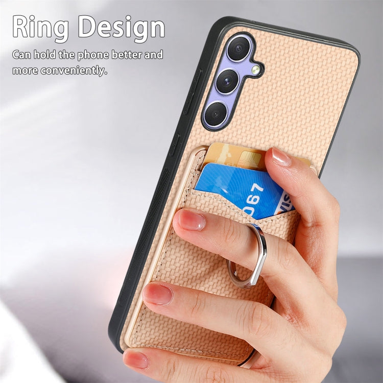 For Samsung Galaxy S25 5G Carbon Fiber Card Wallet Ring Phone Case(Khaki) by buy2fix