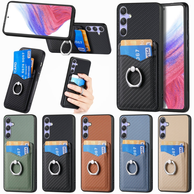 For Samsung Galaxy S25 5G Carbon Fiber Card Wallet Ring Phone Case(Khaki) by buy2fix