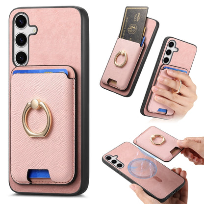 For Samsung Galaxy S25 5G Retro Cross Leather Ring Vertical Insert Card Bag MagSafe Phone Case(Pink) by buy2fix