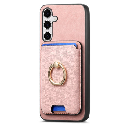 For Samsung Galaxy S25 5G Retro Cross Leather Ring Vertical Insert Card Bag MagSafe Phone Case(Pink) by buy2fix