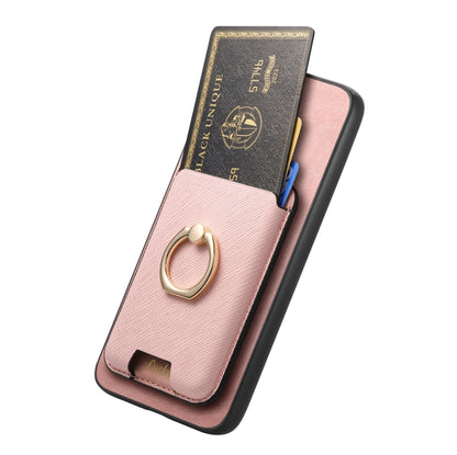 For Samsung Galaxy S25 5G Retro Cross Leather Ring Vertical Insert Card Bag MagSafe Phone Case(Pink) by buy2fix
