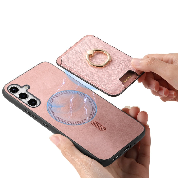 For Samsung Galaxy S25 5G Retro Cross Leather Ring Vertical Insert Card Bag MagSafe Phone Case(Pink) by buy2fix
