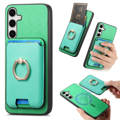 For Samsung Galaxy S25 5G Retro Cross Leather Ring Vertical Insert Card Bag MagSafe Phone Case(Green) by buy2fix