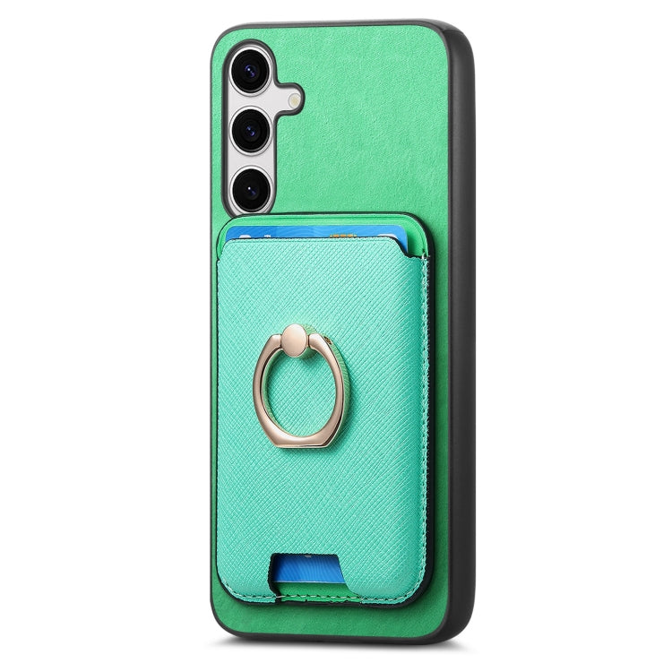 For Samsung Galaxy S25 5G Retro Cross Leather Ring Vertical Insert Card Bag MagSafe Phone Case(Green) by buy2fix
