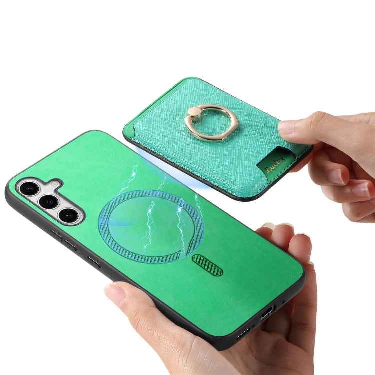 For Samsung Galaxy S25 5G Retro Cross Leather Ring Vertical Insert Card Bag MagSafe Phone Case(Green) by buy2fix