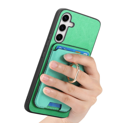 For Samsung Galaxy S25 5G Retro Cross Leather Ring Vertical Insert Card Bag MagSafe Phone Case(Green) by buy2fix