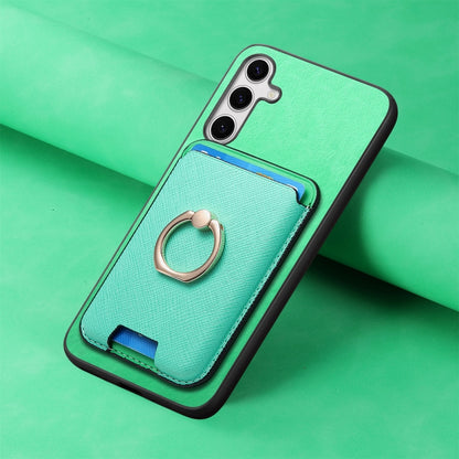 For Samsung Galaxy S25 5G Retro Cross Leather Ring Vertical Insert Card Bag MagSafe Phone Case(Green) by buy2fix