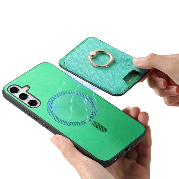 For Samsung Galaxy S25+ 5G Retro Cross Leather Ring Vertical Insert Card Bag MagSafe Phone Case(Green) - Galaxy S25+ 5G Cases by buy2fix | Online Shopping UK | buy2fix