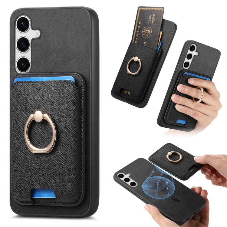 For Samsung Galaxy S25+ 5G Retro Cross Leather Ring Vertical Insert Card Bag MagSafe Phone Case(Black) by buy2fix