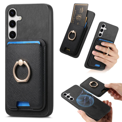 For Samsung Galaxy S25+ 5G Retro Cross Leather Ring Vertical Insert Card Bag MagSafe Phone Case(Black) by buy2fix
