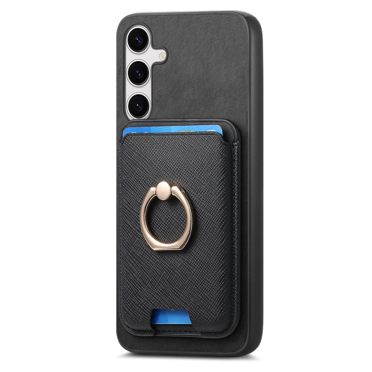 For Samsung Galaxy S25+ 5G Retro Cross Leather Ring Vertical Insert Card Bag MagSafe Phone Case(Black) by buy2fix