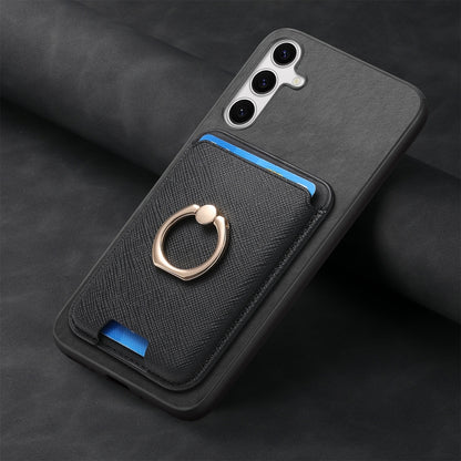 For Samsung Galaxy S25+ 5G Retro Cross Leather Ring Vertical Insert Card Bag MagSafe Phone Case(Black) by buy2fix