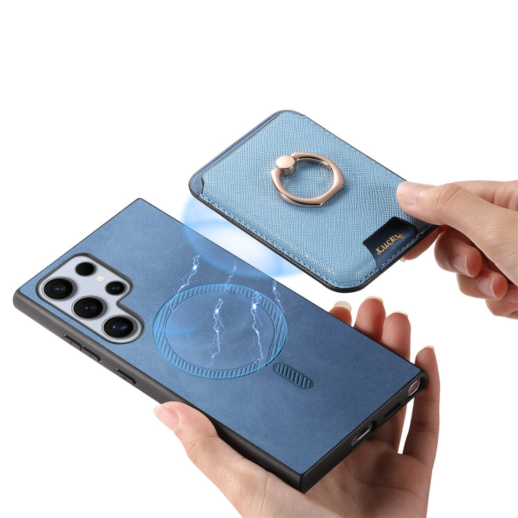 For Samsung Galaxy S25 Ultra 5G Retro Cross Leather Ring Vertical Insert Card Bag MagSafe Phone Case(Blue) by buy2fix