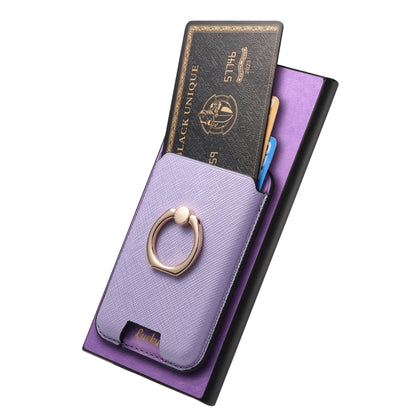 For Samsung Galaxy S25 Ultra 5G Retro Cross Leather Ring Vertical Insert Card Bag MagSafe Phone Case(Purple) by buy2fix