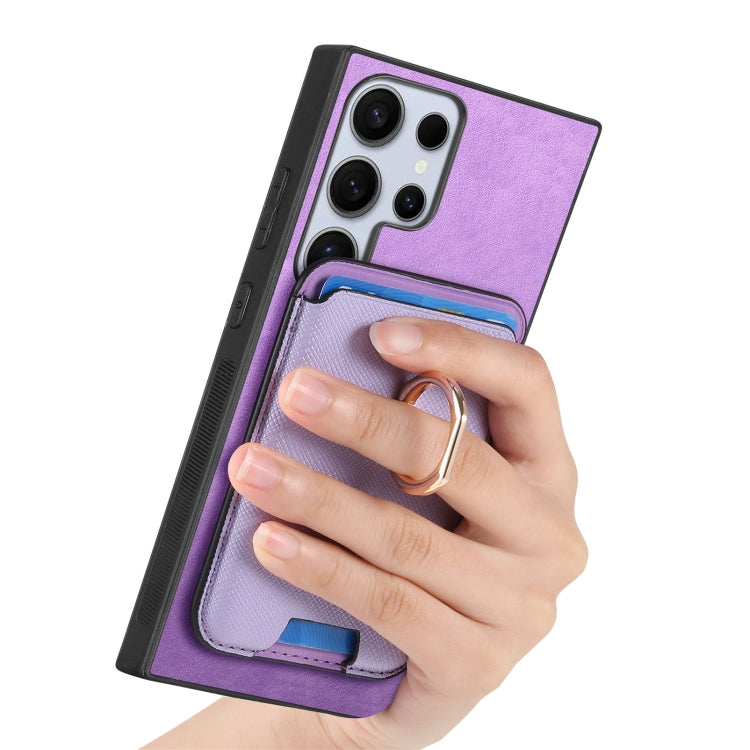 For Samsung Galaxy S25 Ultra 5G Retro Cross Leather Ring Vertical Insert Card Bag MagSafe Phone Case(Purple) by buy2fix