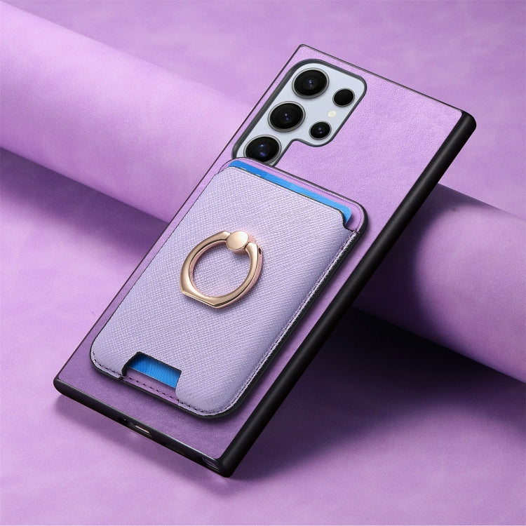 For Samsung Galaxy S25 Ultra 5G Retro Cross Leather Ring Vertical Insert Card Bag MagSafe Phone Case(Purple) by buy2fix