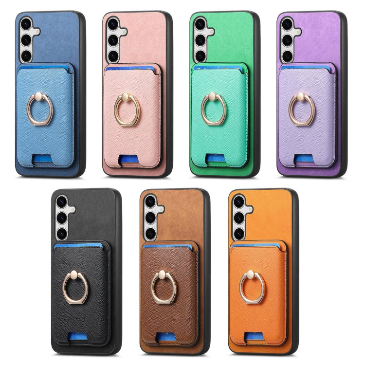 For Samsung Galaxy S25 Ultra 5G Retro Cross Leather Ring Vertical Insert Card Bag MagSafe Phone Case(Blue) by buy2fix
