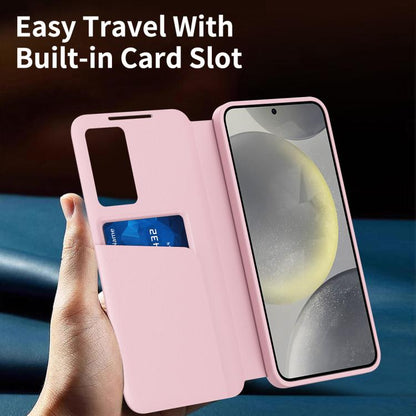 For Samsung Galaxy S25 5G Smart View Window Leather Phone Case with Card Slot(Pink) - Galaxy S25 5G Cases by buy2fix | Online Shopping UK | buy2fix