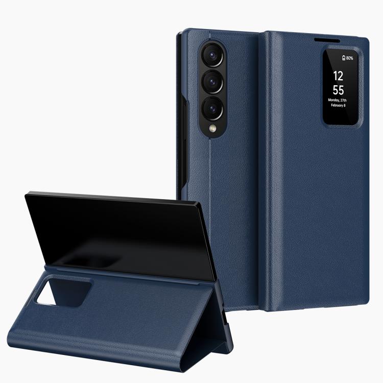 For Samsung Galaxy Z Fold4 Smart View Window Leather Phone Case with Card Slot(Blue) - Galaxy Z Fold4 5G Cases by buy2fix | Online Shopping UK | buy2fix