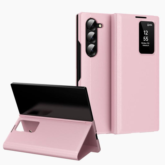 For Samsung Galaxy Z Fold6 5G Smart View Window Leather Phone Case with Card Slot(Pink) - Galaxy Z Fold6 5G Cases by buy2fix | Online Shopping UK | buy2fix