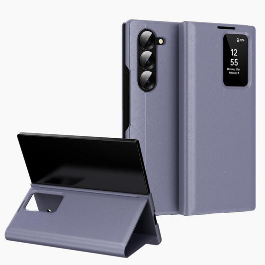 For Samsung Galaxy Z Fold6 5G Smart View Window Leather Phone Case with Card Slot(Purple) - Galaxy Z Fold6 5G Cases by buy2fix | Online Shopping UK | buy2fix