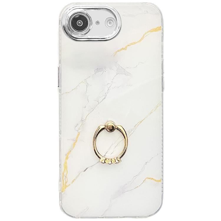 For iPhone 16e Electroplated Marble Texture Ring Holder Phone Case(Gold White S1) - iPhone 16e Cases by buy2fix | Online Shopping UK | buy2fix