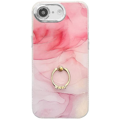 For iPhone 16e Electroplated Marble Texture Ring Holder Phone Case(Pink S2) - iPhone 16e Cases by buy2fix | Online Shopping UK | buy2fix