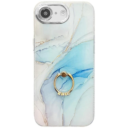 For iPhone 16e Electroplated Marble Texture Ring Holder Phone Case(Light Blue S5) - iPhone 16e Cases by buy2fix | Online Shopping UK | buy2fix