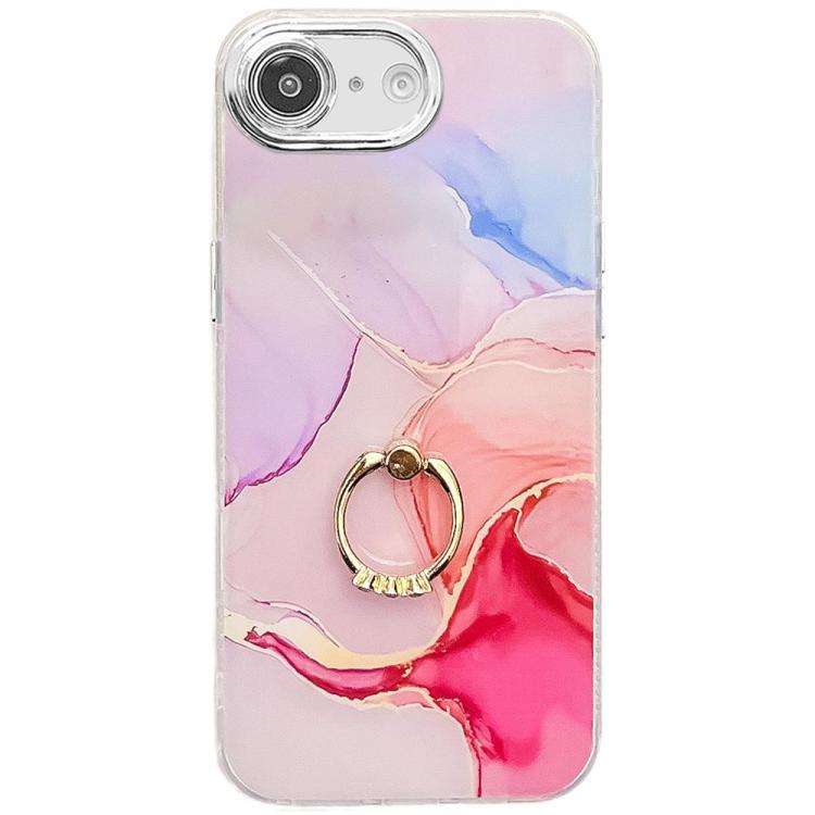 For iPhone 16e Electroplated Marble Texture Ring Holder Phone Case(Red S7) - iPhone 16e Cases by buy2fix | Online Shopping UK | buy2fix