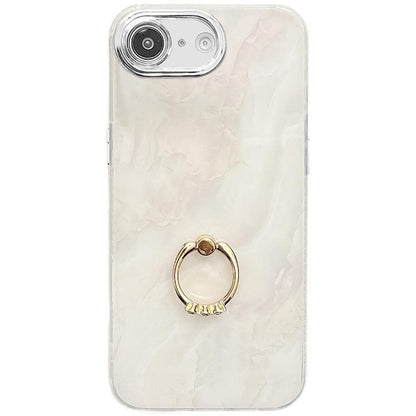 For iPhone 16e Electroplated Marble Texture Ring Holder Phone Case(White S8) - iPhone 16e Cases by buy2fix | Online Shopping UK | buy2fix