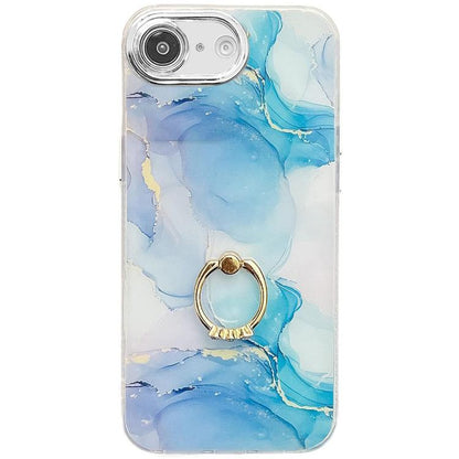 For iPhone 16e Electroplated Marble Texture Ring Holder Phone Case(Blue Green S9) - iPhone 16e Cases by buy2fix | Online Shopping UK | buy2fix